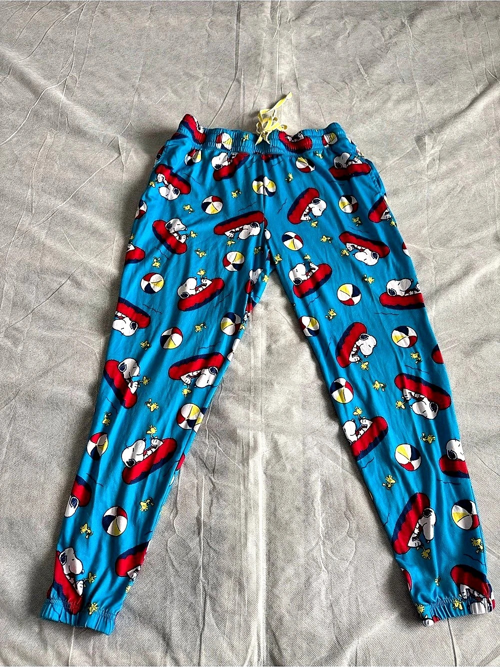 PEANUTS Womens L (12-14) Snoopy Pool Sleep Jogger Pajama Pants Bottoms Blue